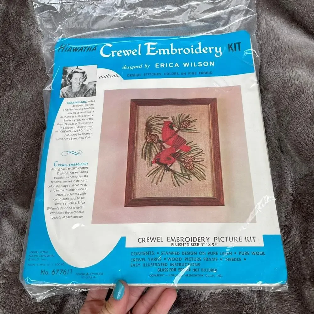 Vintage Crewel Embroidery Kit Red Cardinals Picture NOS Pinecone 1960s Hiawatha